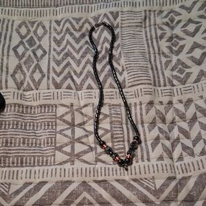 Elegant Black Obsidian and Gold Beaded Necklace Woth Red. coral